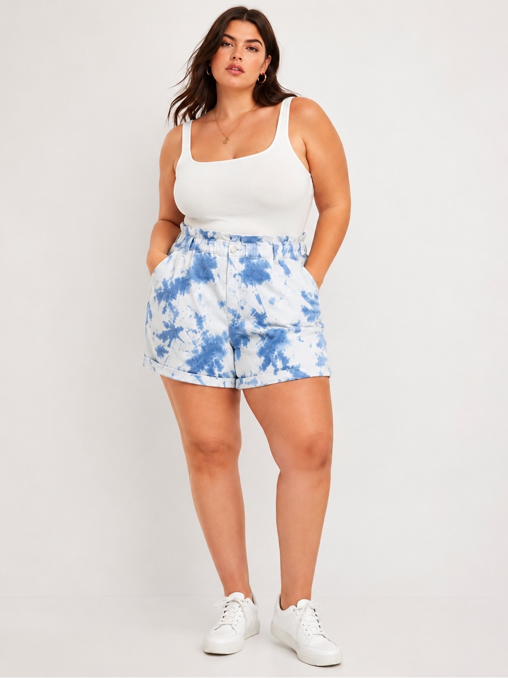No Boundaries White & Blue Tie-Dye Paperbag Waist Shorts